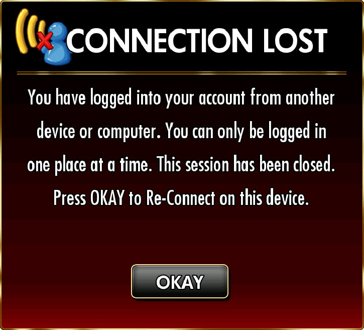 Connection Lost error message in the DoubleDown Casino mobile app